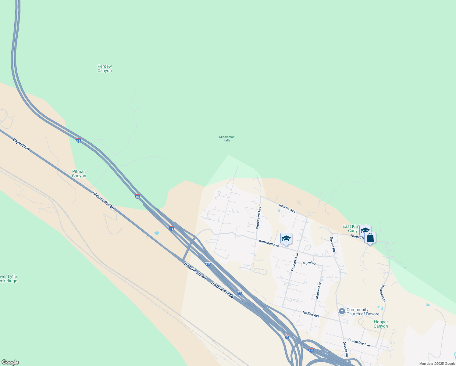 map of restaurants, bars, coffee shops, grocery stores, and more near Foresthill Court in San Bernardino County