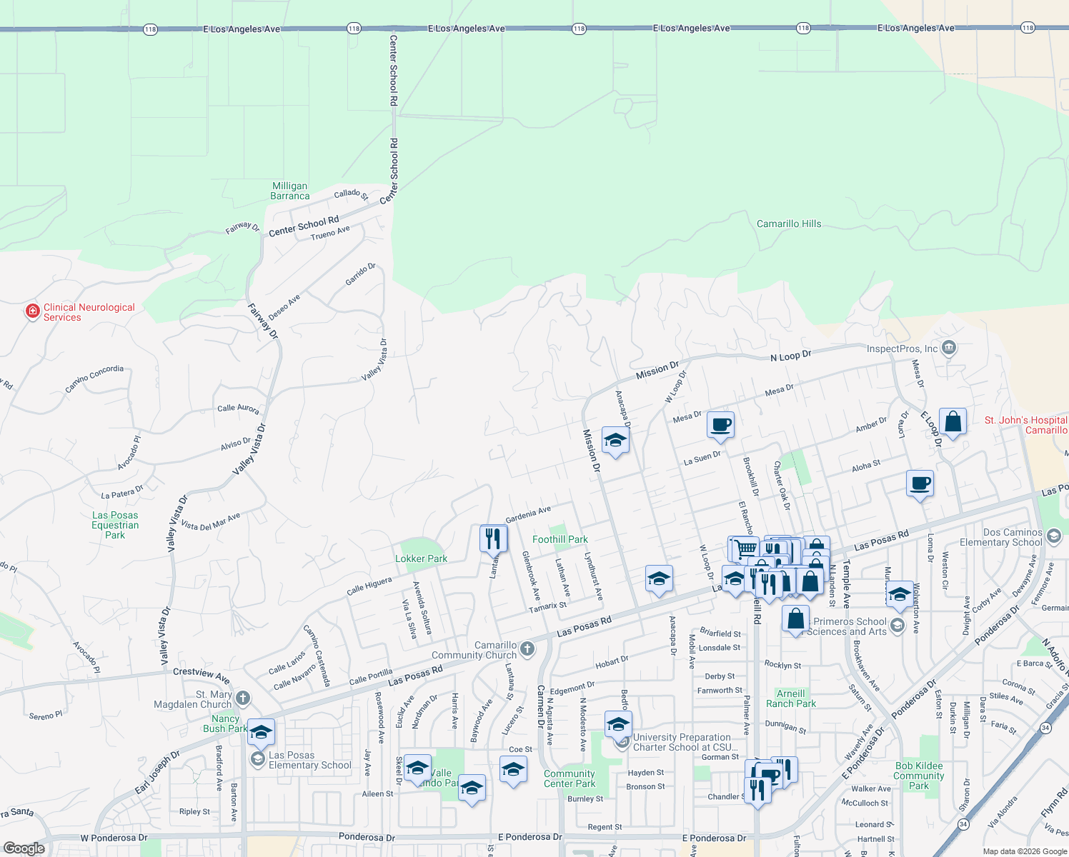 map of restaurants, bars, coffee shops, grocery stores, and more near 152 San Miguel Dr in Camarillo