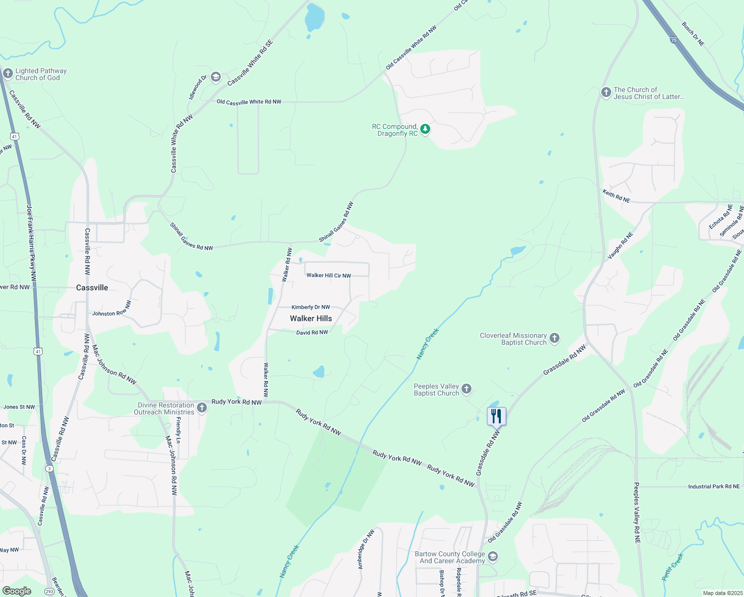 map of restaurants, bars, coffee shops, grocery stores, and more near 55 Grant Drive Northwest in Cartersville