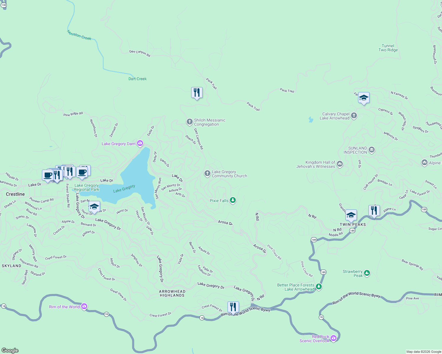 map of restaurants, bars, coffee shops, grocery stores, and more near 25086 Boa Drive in Crestline