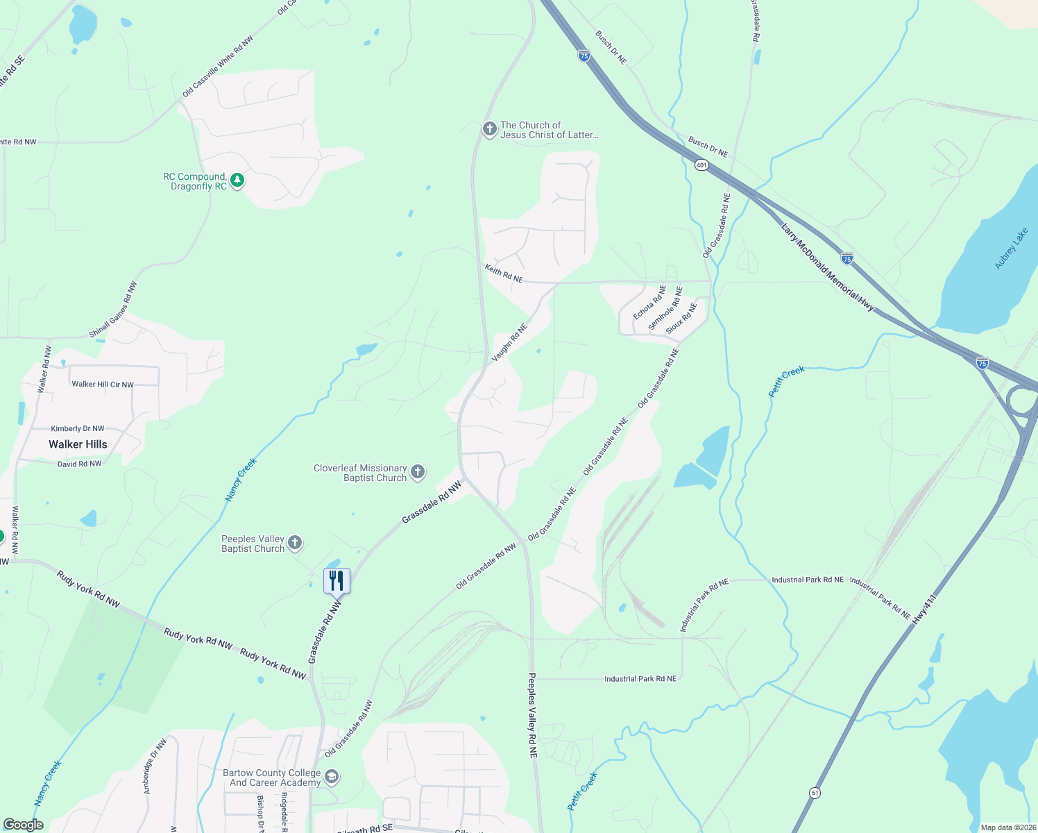 map of restaurants, bars, coffee shops, grocery stores, and more near 18 Oxford Mill Way Northeast in Cartersville
