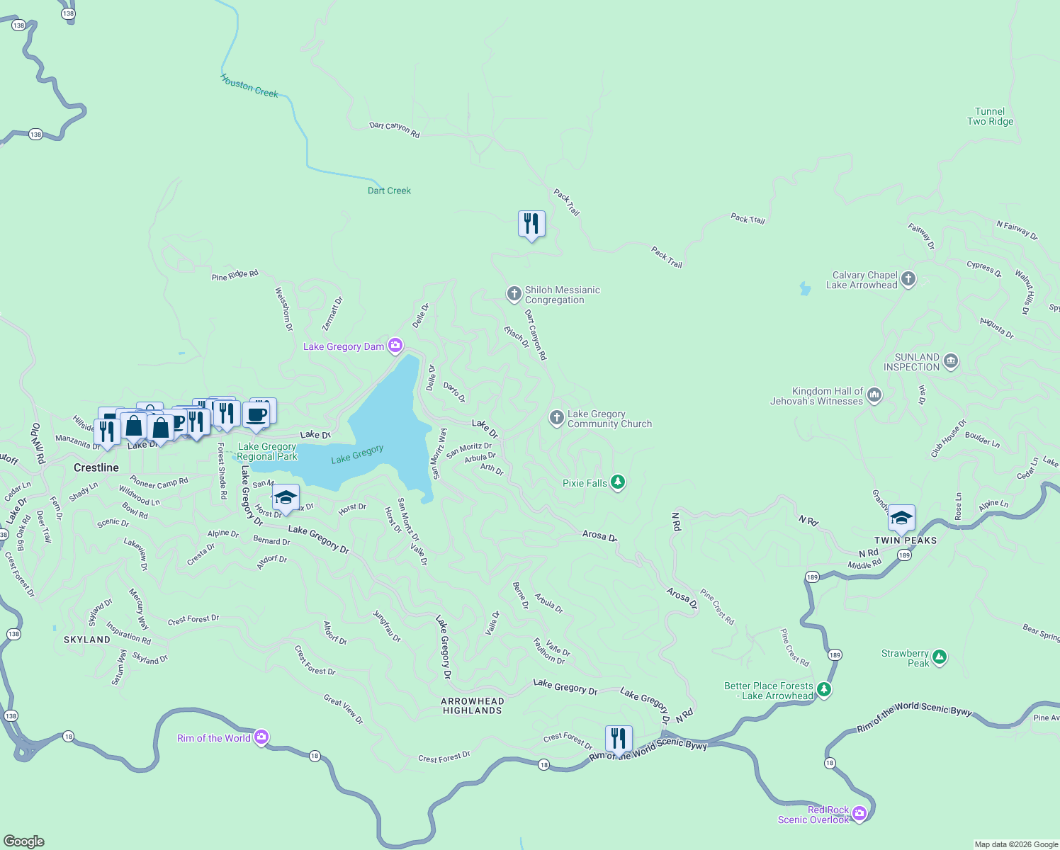 map of restaurants, bars, coffee shops, grocery stores, and more near in Crestline