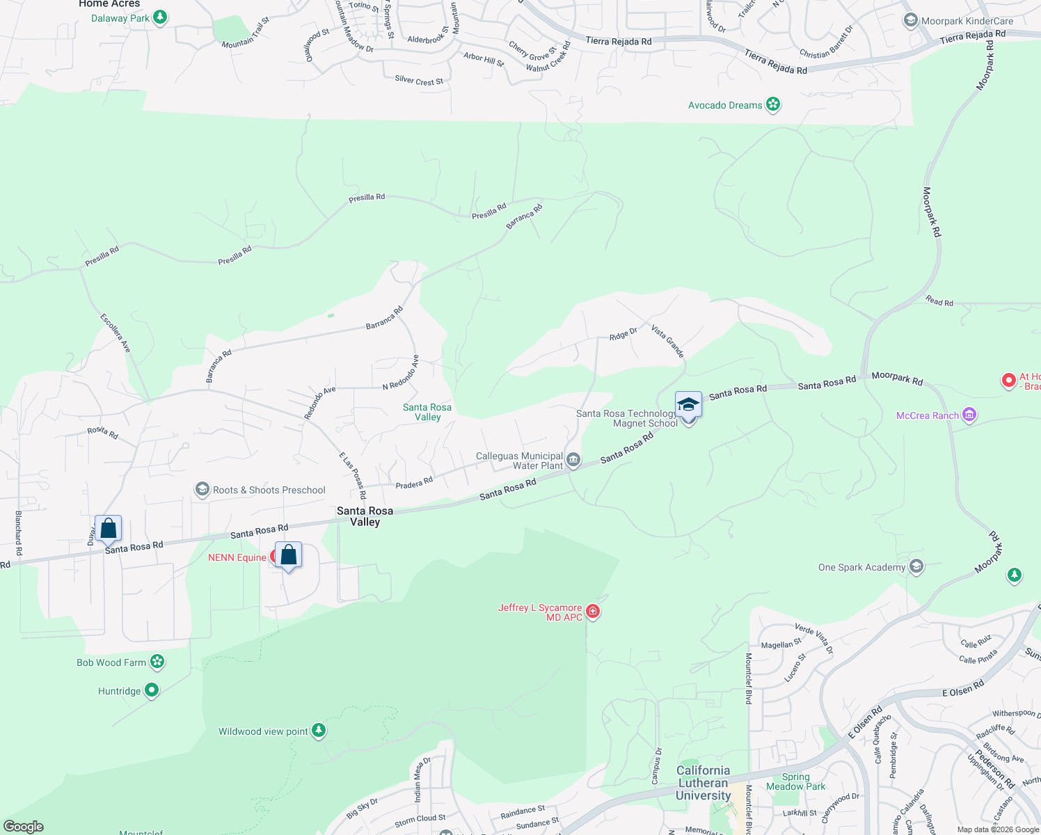 map of restaurants, bars, coffee shops, grocery stores, and more near 2663 Riata Court in Santa Rosa Valley