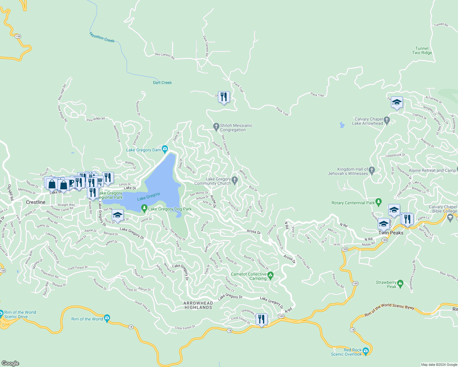 map of restaurants, bars, coffee shops, grocery stores, and more near in Crestline