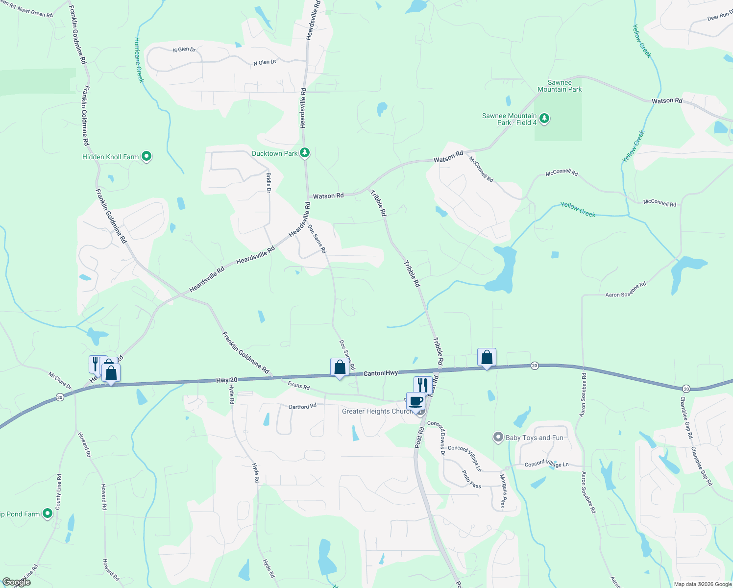 map of restaurants, bars, coffee shops, grocery stores, and more near 4400 Winding Creek Drive in Cumming