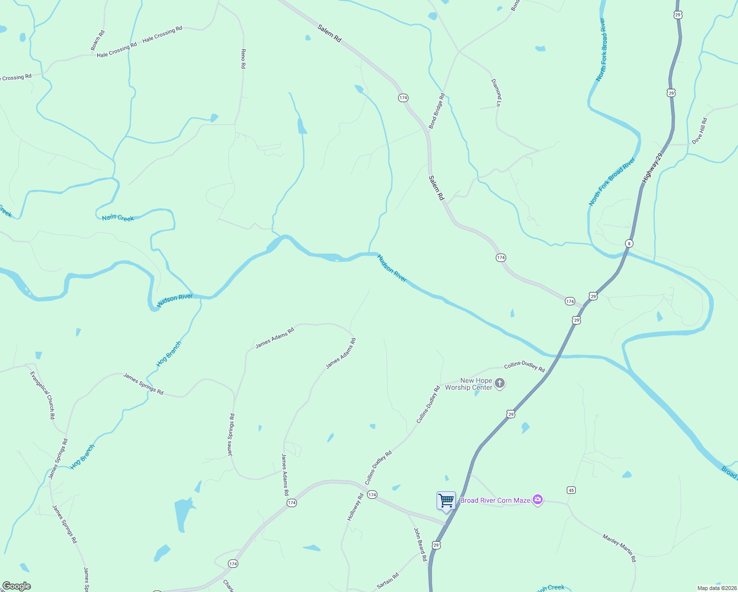 map of restaurants, bars, coffee shops, grocery stores, and more near 988 James Adams Road in Danielsville