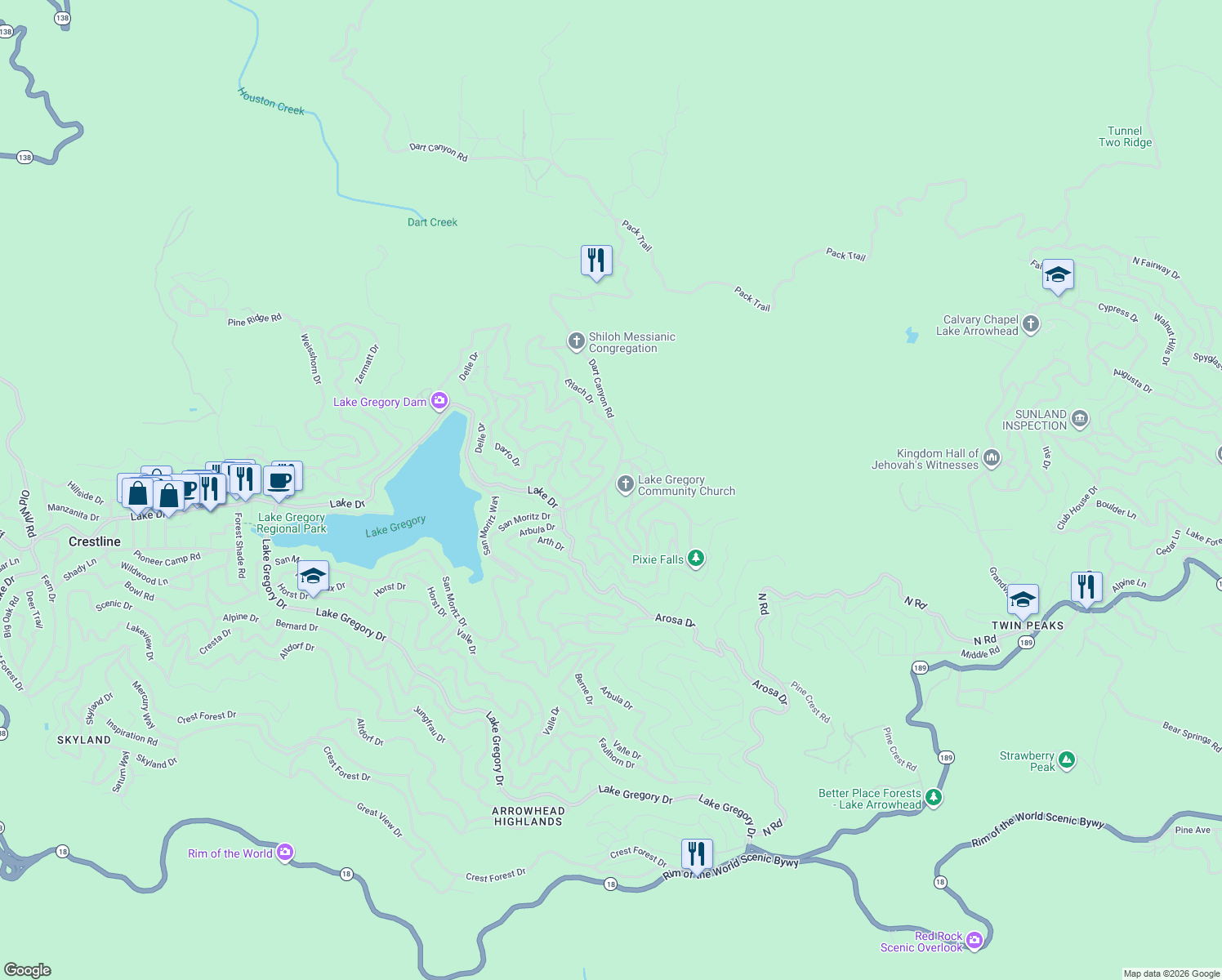 map of restaurants, bars, coffee shops, grocery stores, and more near 503 Valley Drive in Crestline
