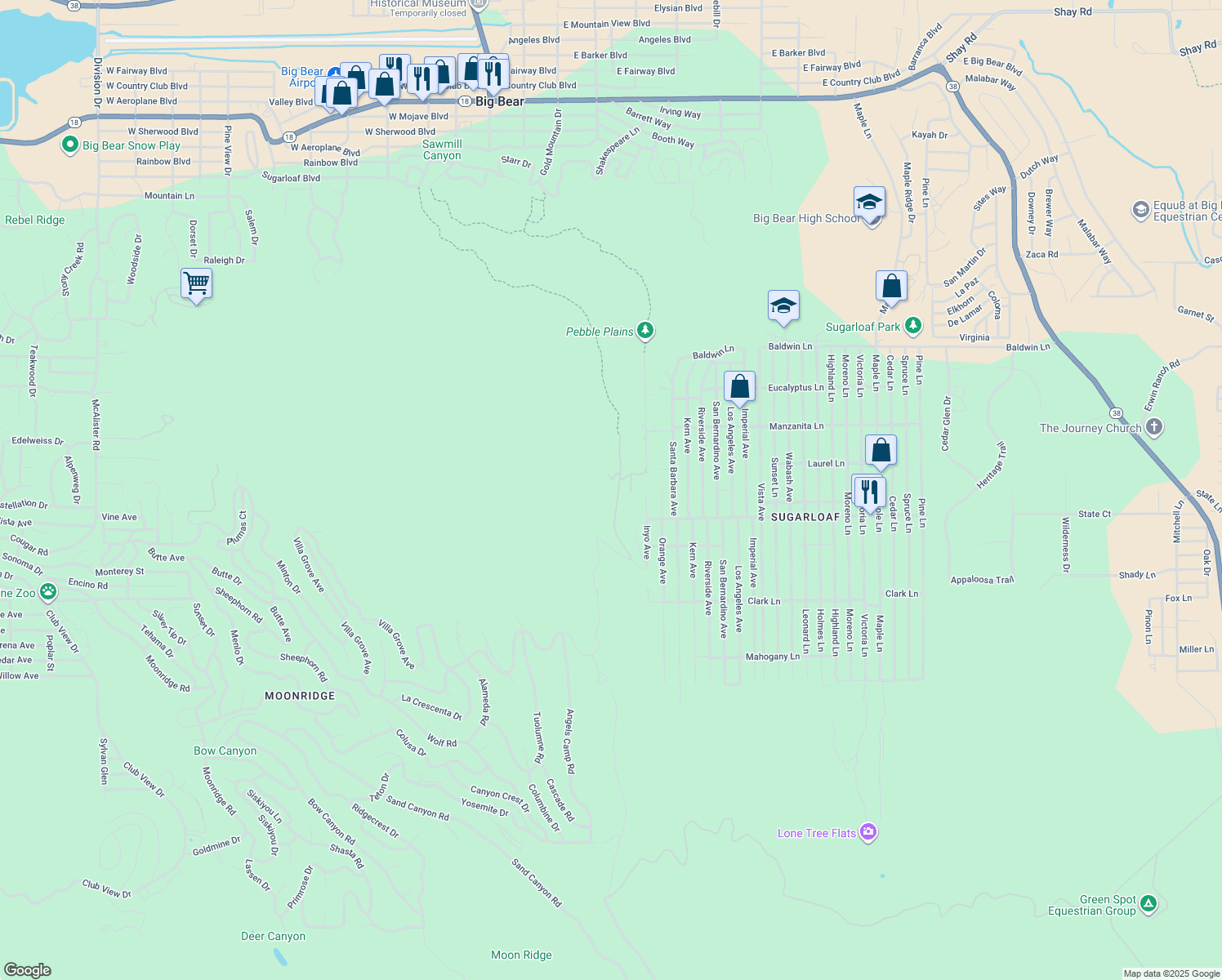 map of restaurants, bars, coffee shops, grocery stores, and more near 440 South Saw Mill Drive in Big Bear