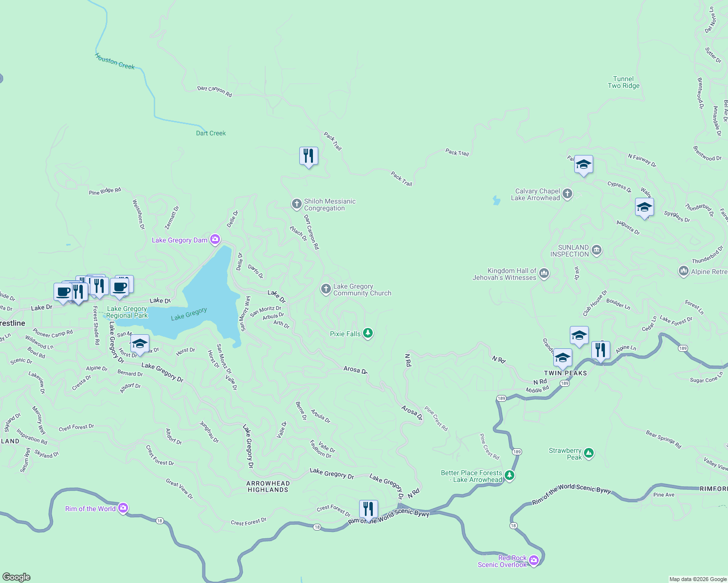 map of restaurants, bars, coffee shops, grocery stores, and more near 25089 Moon Drive in Crestline