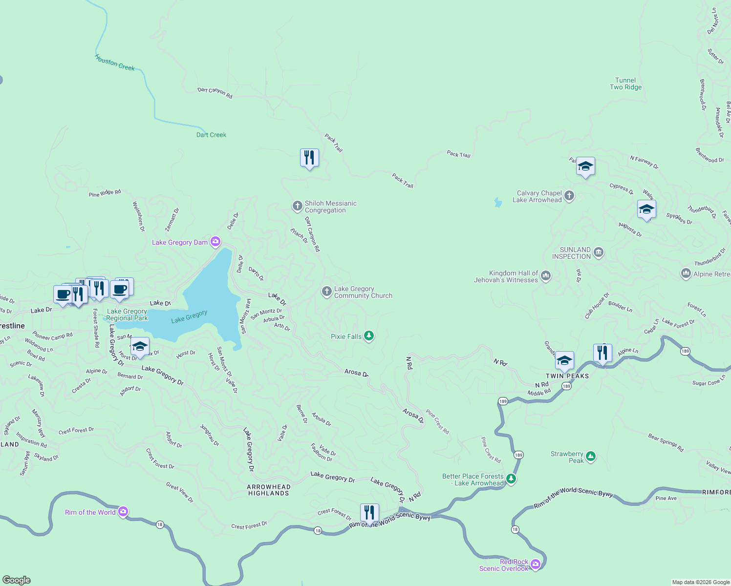 map of restaurants, bars, coffee shops, grocery stores, and more near 25089 Moon Drive in Crestline