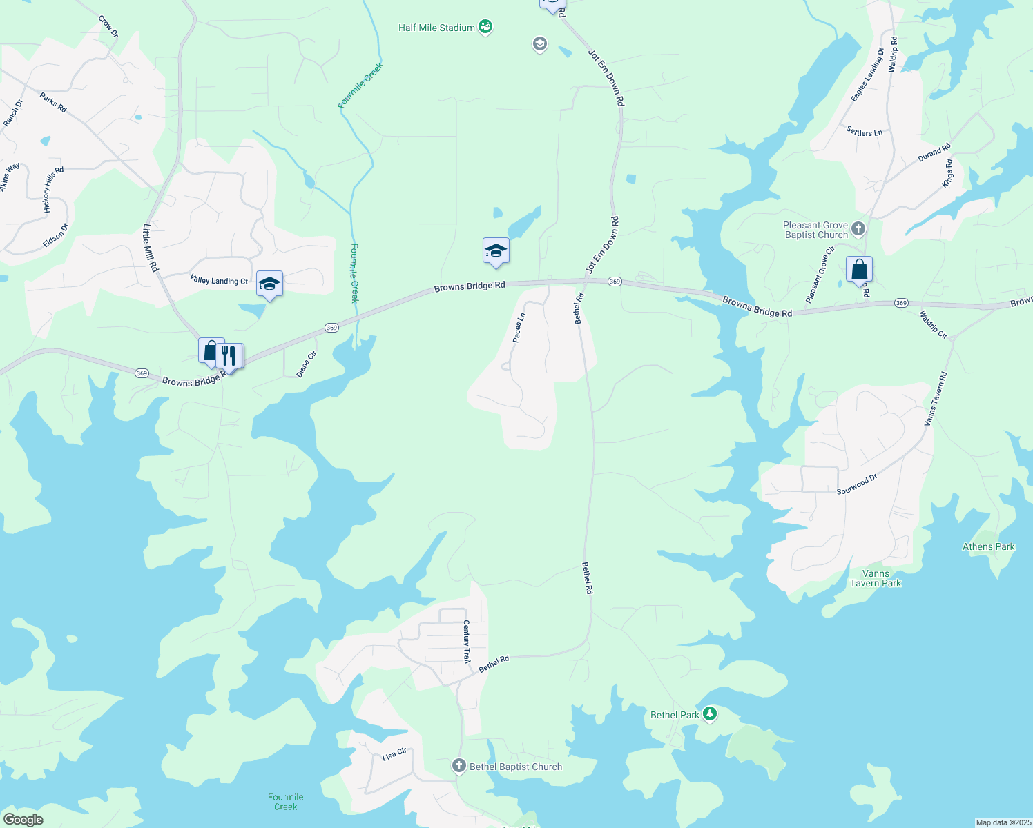 map of restaurants, bars, coffee shops, grocery stores, and more near 8005 Willow Point in Gainesville