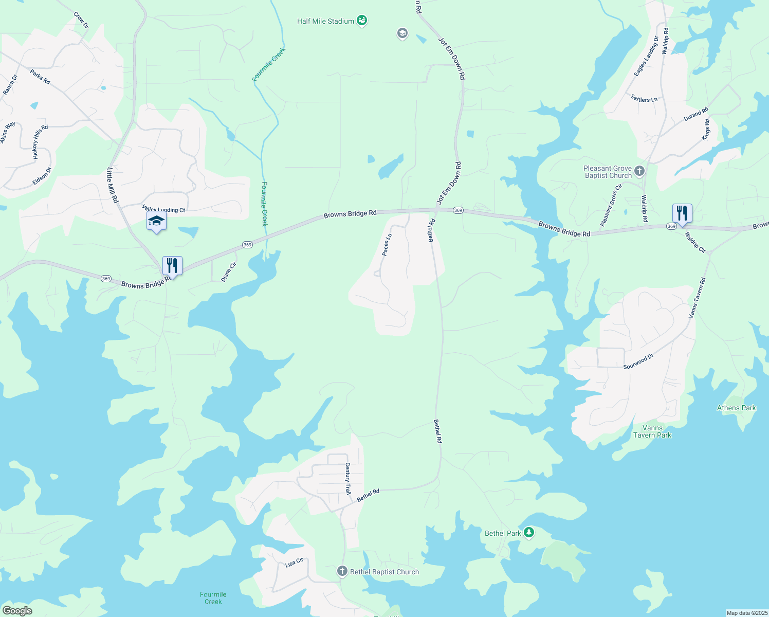 map of restaurants, bars, coffee shops, grocery stores, and more near 8005 Willow Point in Gainesville