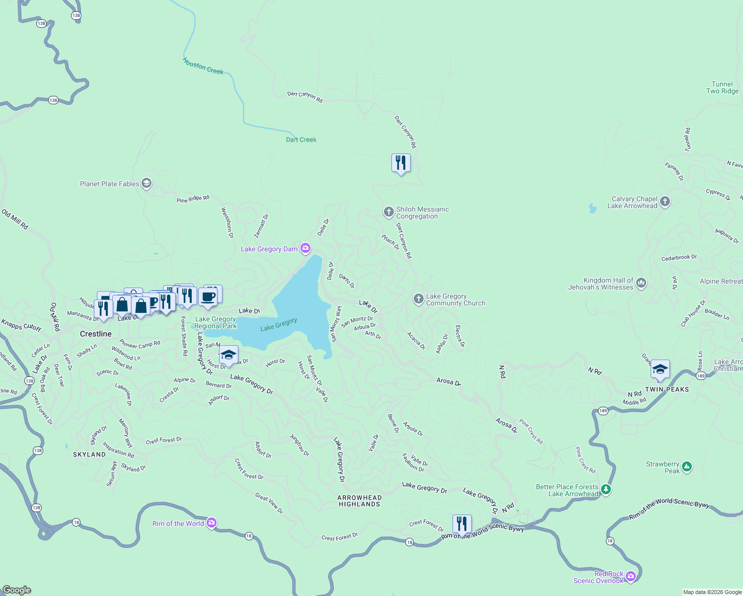 map of restaurants, bars, coffee shops, grocery stores, and more near 462 Davos Drive in Crestline