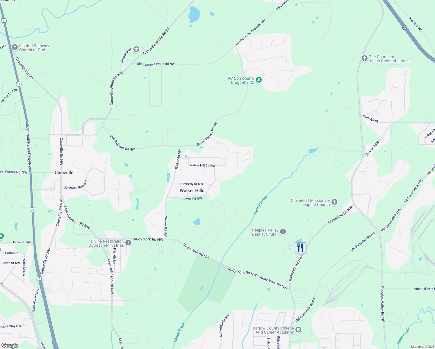 map of restaurants, bars, coffee shops, grocery stores, and more near 68 David Road Northwest in Cartersville