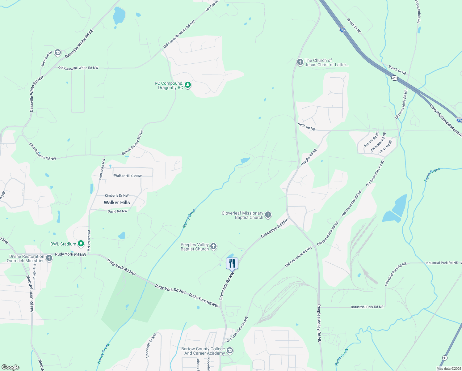 map of restaurants, bars, coffee shops, grocery stores, and more near 23 Parkside View in Cartersville
