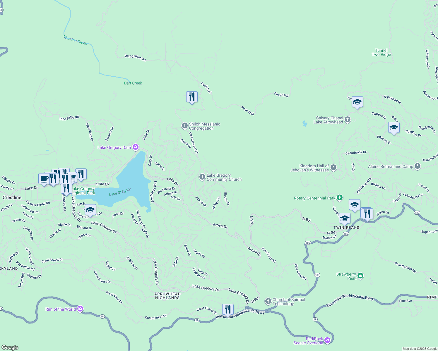 map of restaurants, bars, coffee shops, grocery stores, and more near 25115 Moon Drive in Crestline