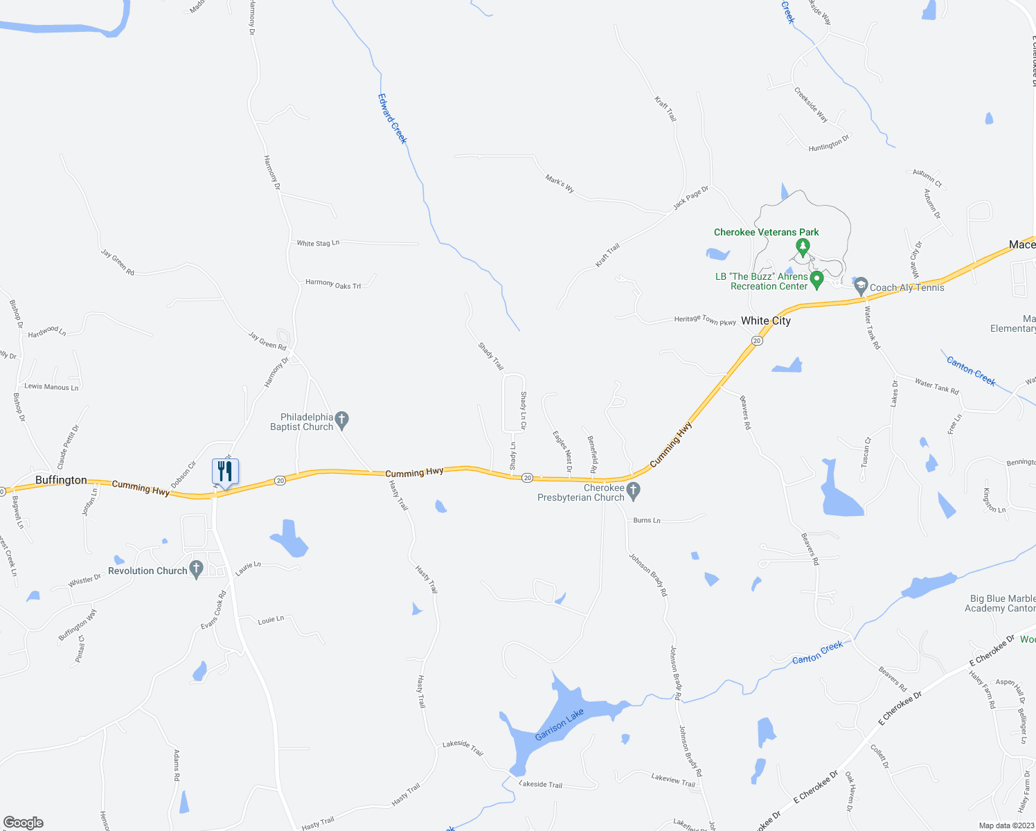 map of restaurants, bars, coffee shops, grocery stores, and more near 173 Shady Lane Circle in Canton