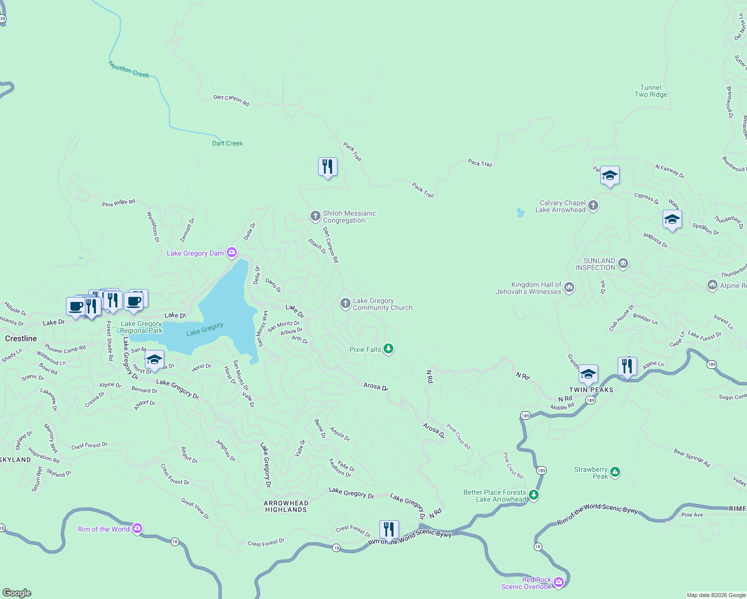 map of restaurants, bars, coffee shops, grocery stores, and more near 25118 Moon Drive in Crestline
