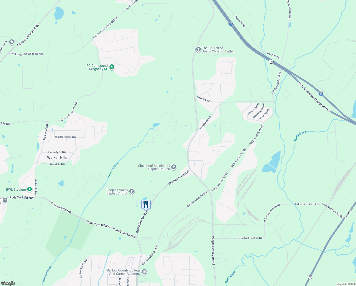 map of restaurants, bars, coffee shops, grocery stores, and more near 23 Ridgeline Way in Cartersville