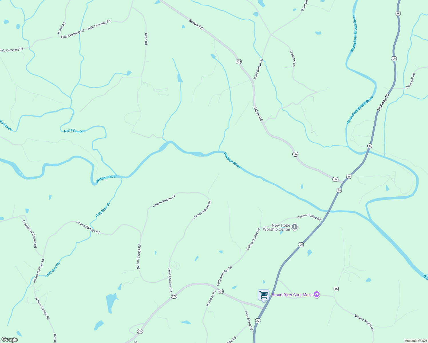 map of restaurants, bars, coffee shops, grocery stores, and more near 988 James Adams Road in Danielsville
