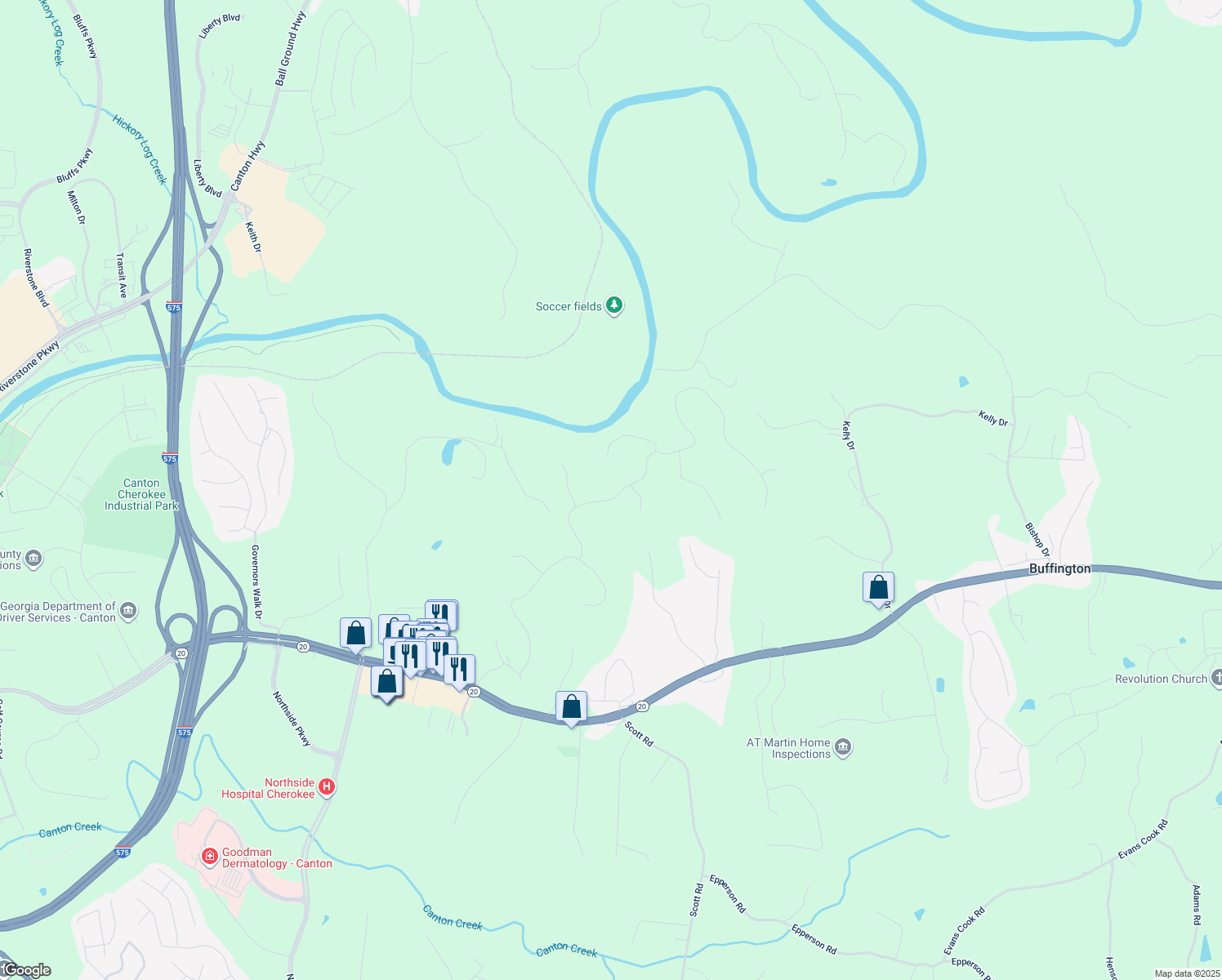 map of restaurants, bars, coffee shops, grocery stores, and more near 519 River Estates Parkway in Canton