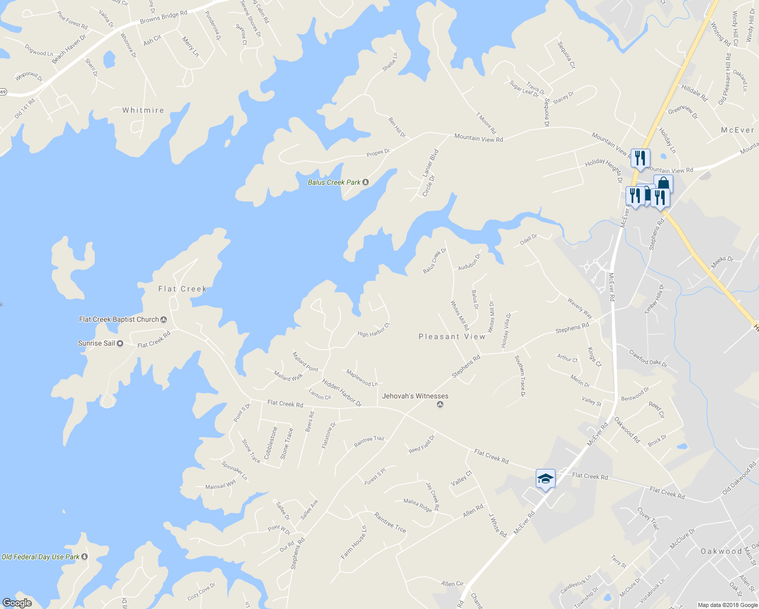 map of restaurants, bars, coffee shops, grocery stores, and more near 5705 High Harbor Court in Gainesville