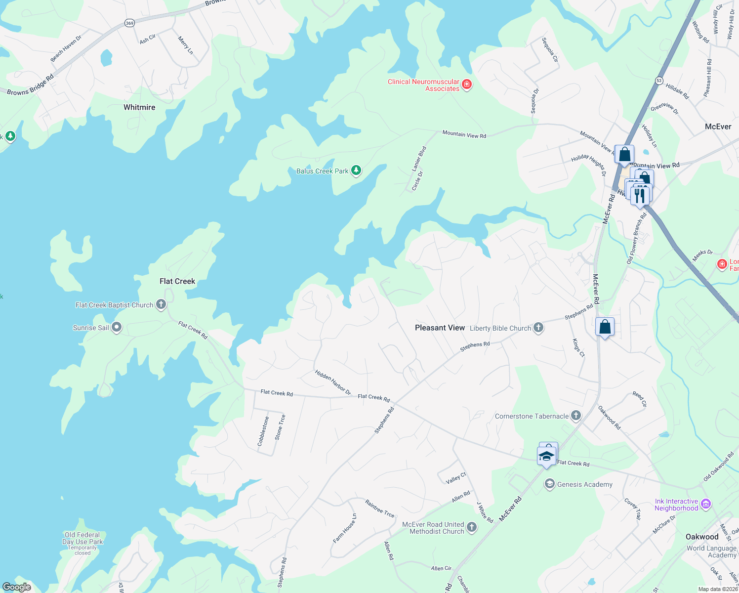map of restaurants, bars, coffee shops, grocery stores, and more near 5705 High Harbor Court in Gainesville