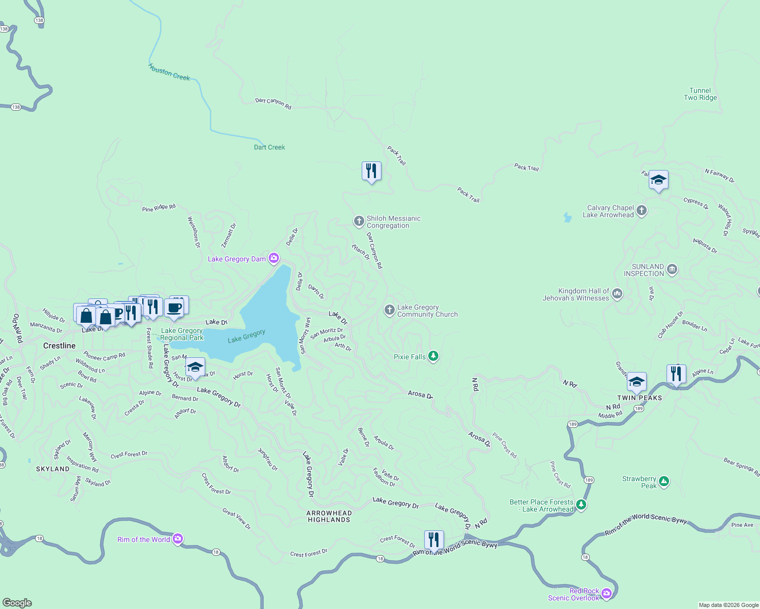 map of restaurants, bars, coffee shops, grocery stores, and more near in Crestline
