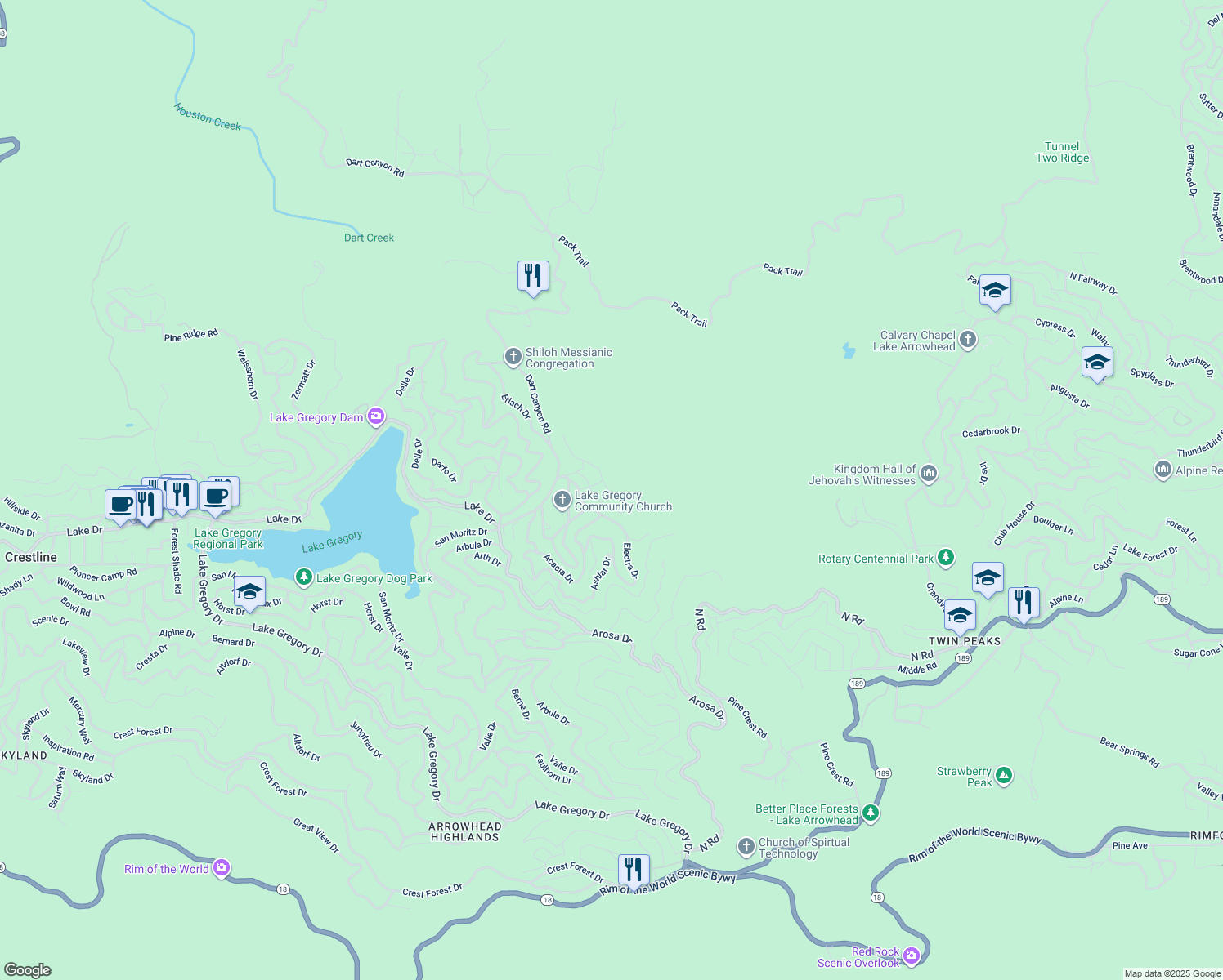 map of restaurants, bars, coffee shops, grocery stores, and more near 25115 Moon Drive in Crestline
