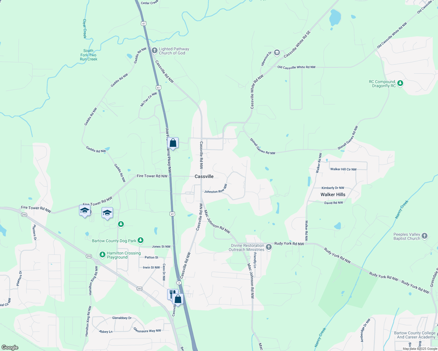 map of restaurants, bars, coffee shops, grocery stores, and more near 13 Sherman Lane Northwest in Cartersville