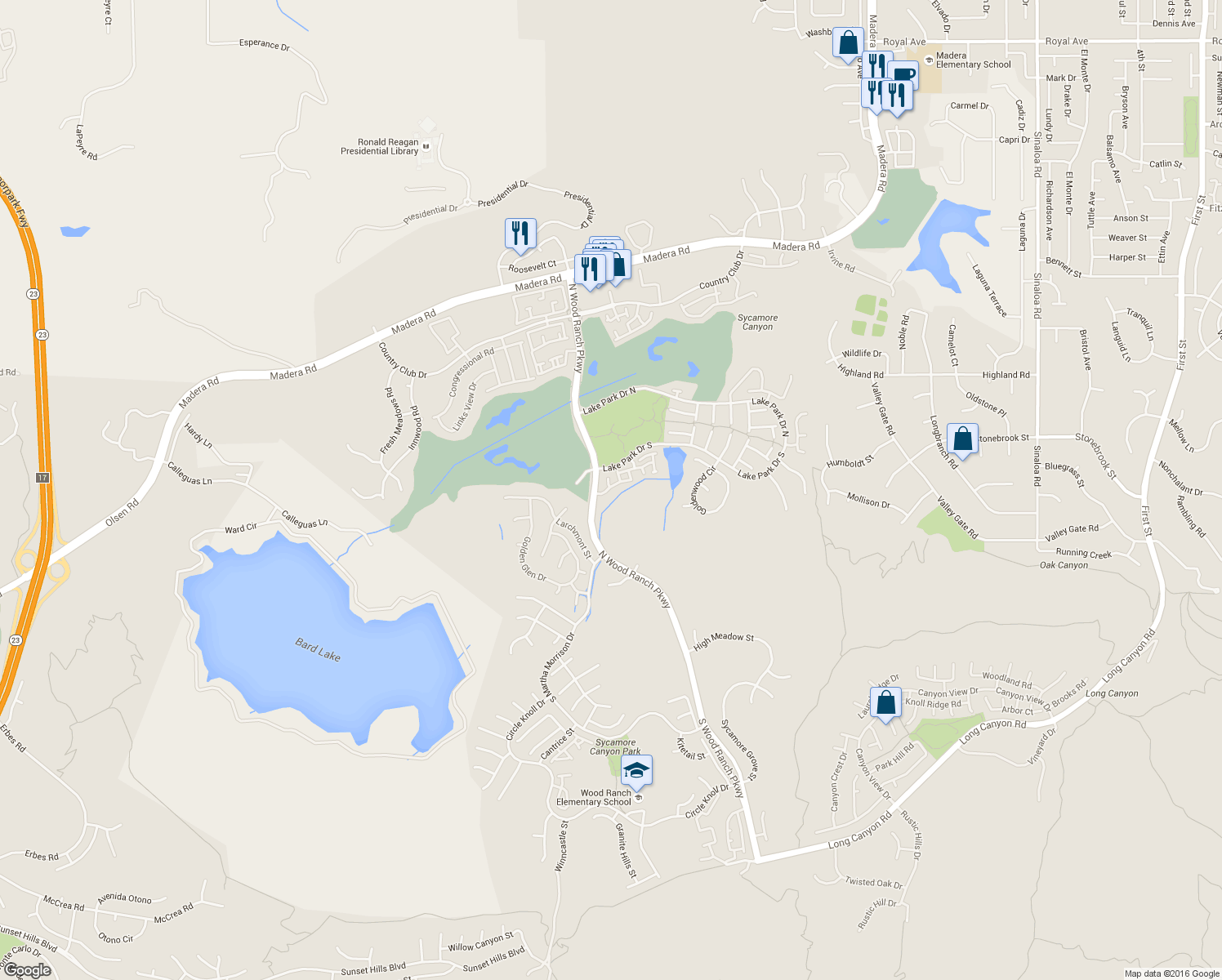 map of restaurants, bars, coffee shops, grocery stores, and more near 488 Shelburne Lane in Simi Valley