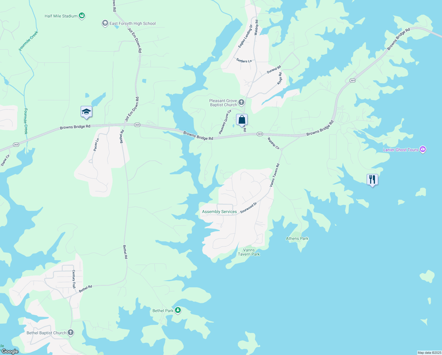 map of restaurants, bars, coffee shops, grocery stores, and more near 9490 Cain Circle in Gainesville