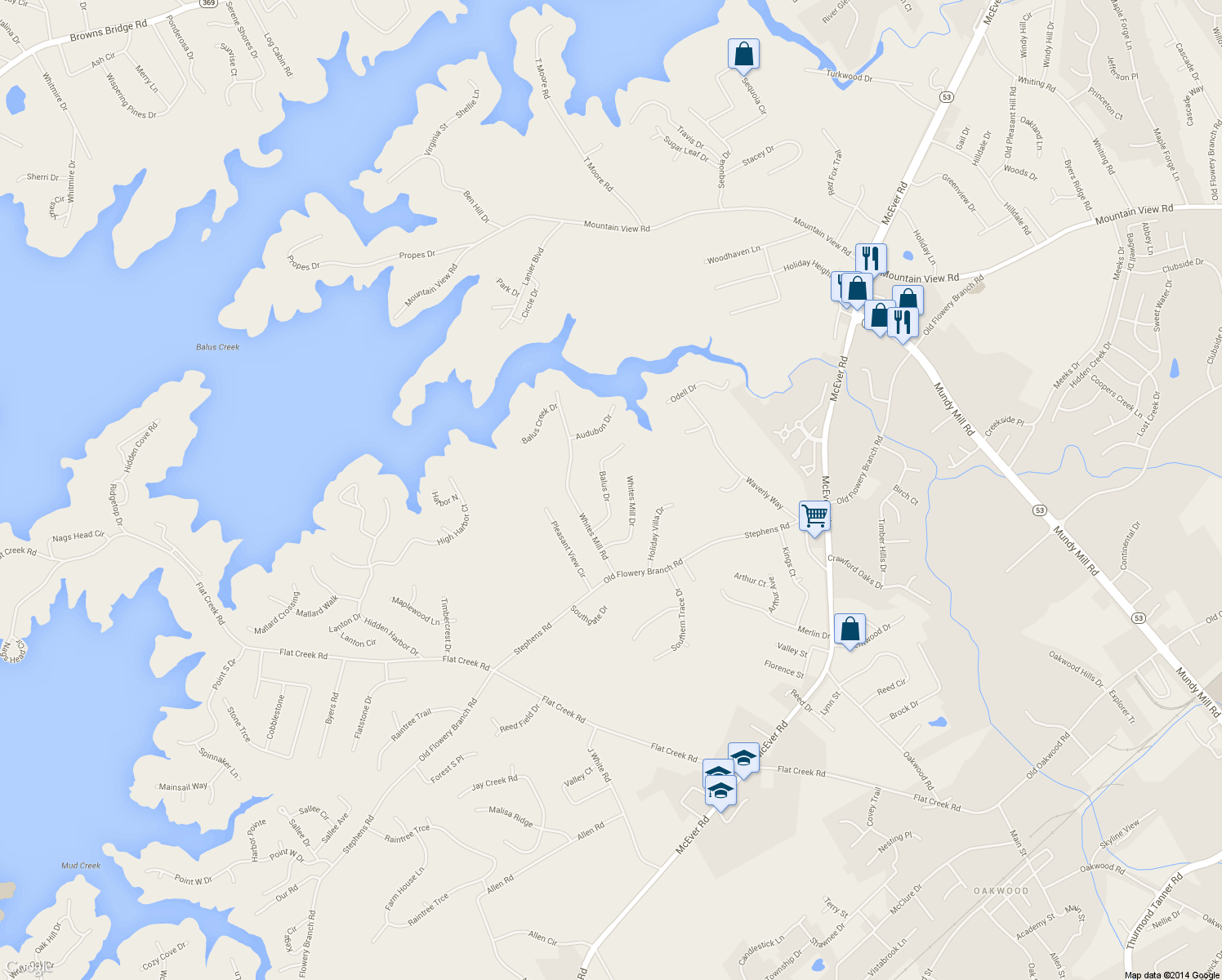 map of restaurants, bars, coffee shops, grocery stores, and more near 5039 Balus Drive in Gainesville