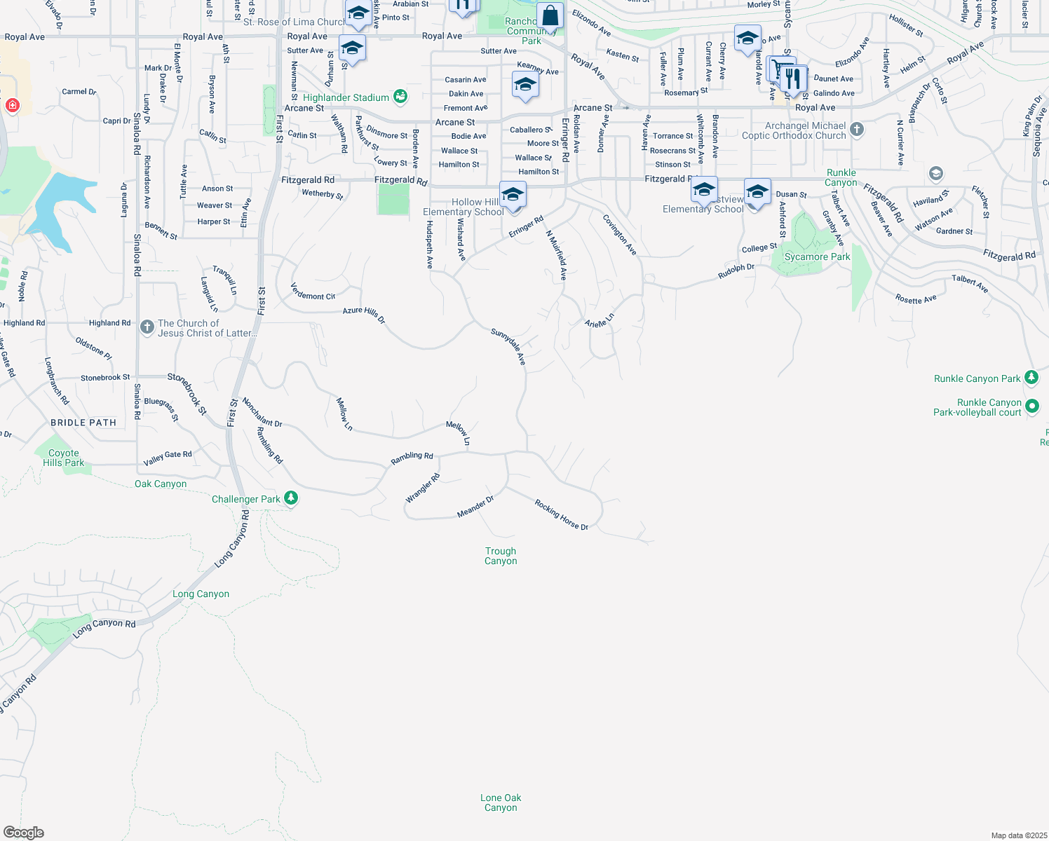 map of restaurants, bars, coffee shops, grocery stores, and more near 1885 Sunnydale Avenue in Simi Valley