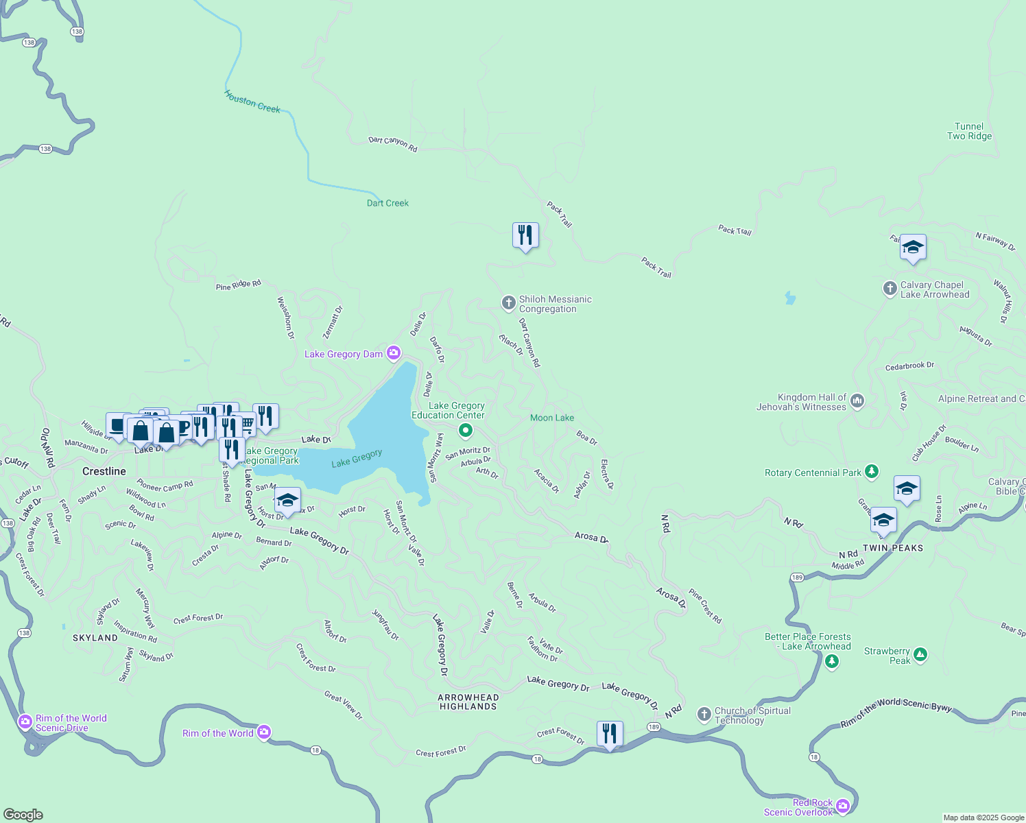 map of restaurants, bars, coffee shops, grocery stores, and more near 463 Dunant Drive in Crestline