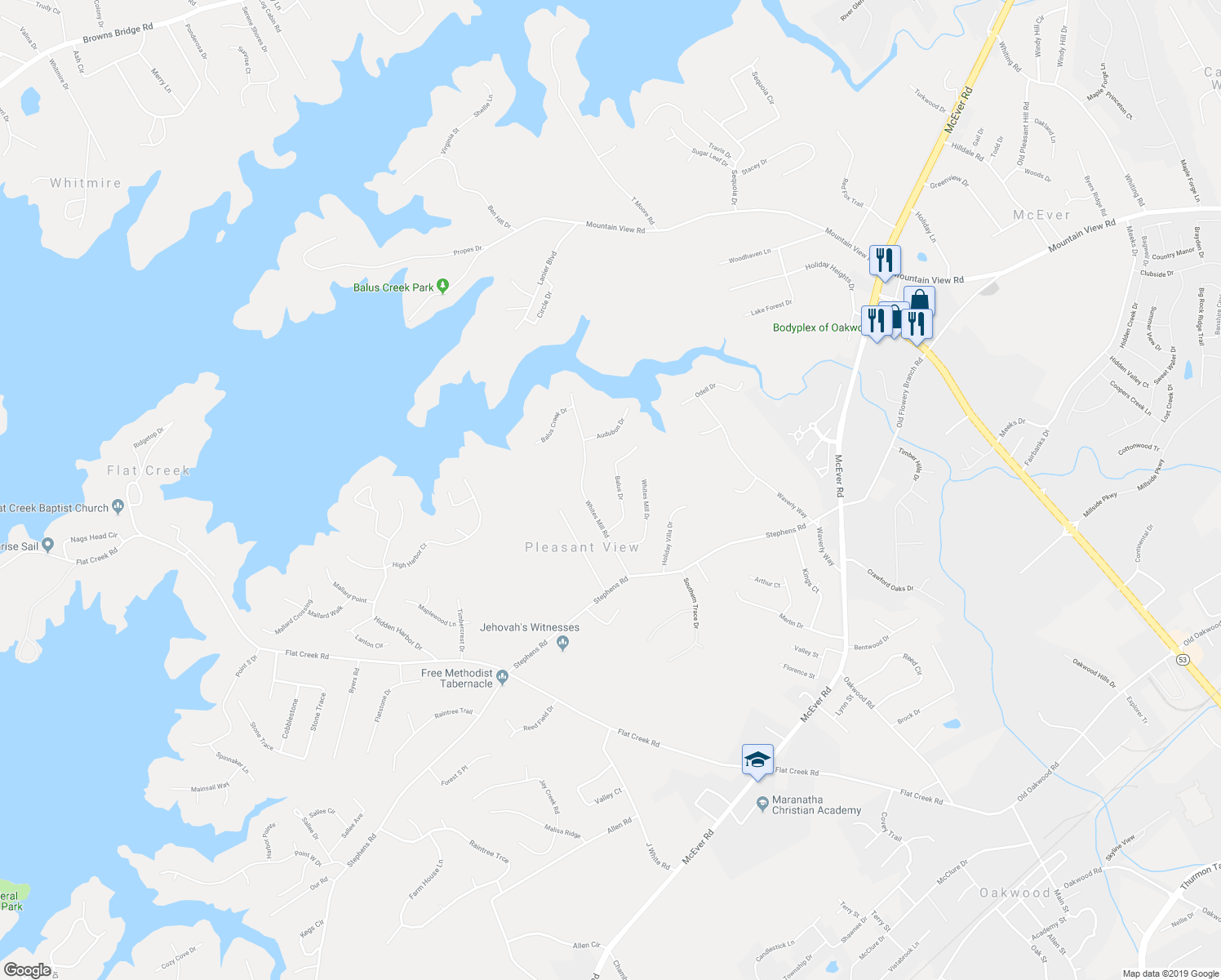 map of restaurants, bars, coffee shops, grocery stores, and more near 5039 Balus Drive in Gainesville