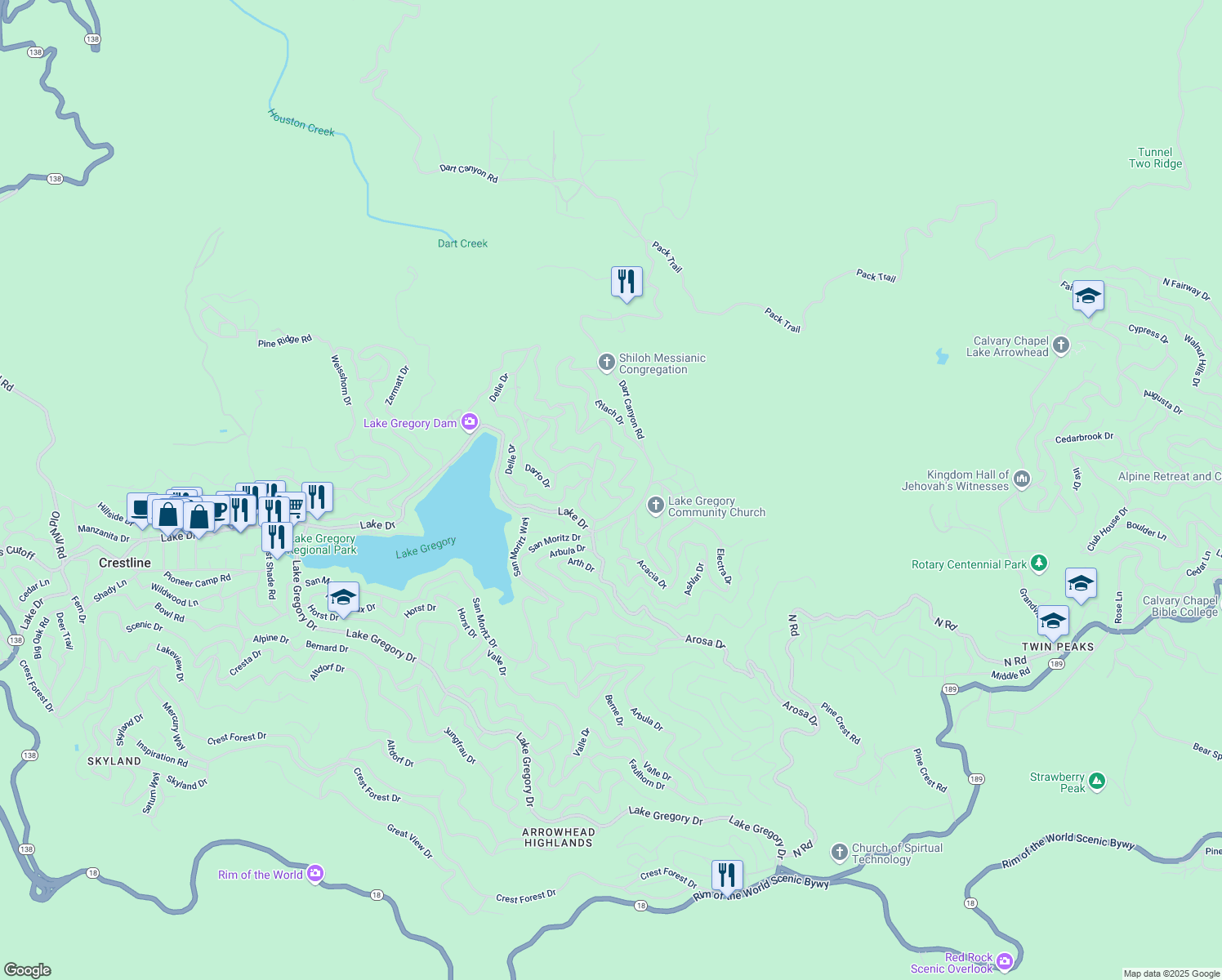 map of restaurants, bars, coffee shops, grocery stores, and more near 463 Dunant Drive in Crestline