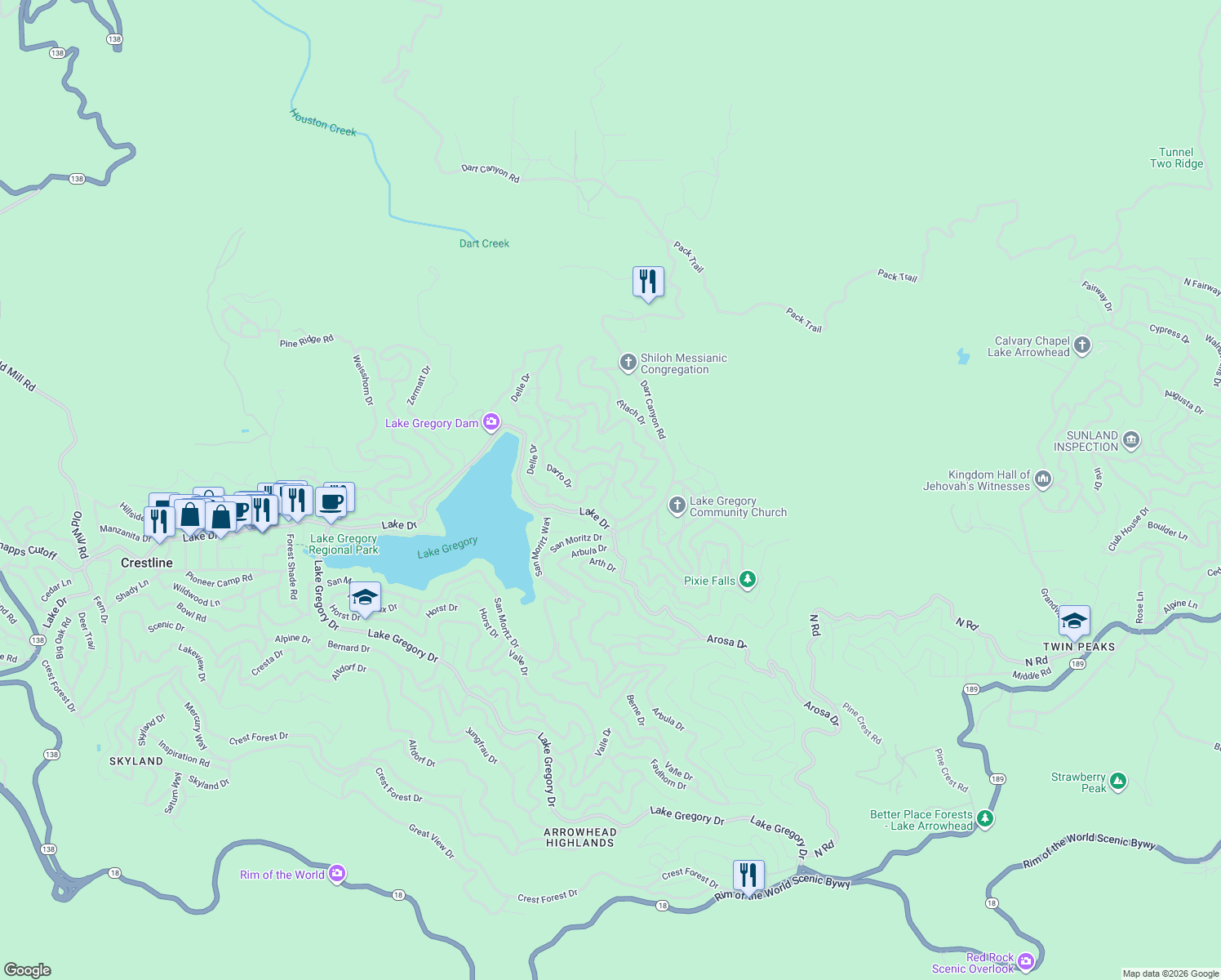map of restaurants, bars, coffee shops, grocery stores, and more near 462 Davos Drive in Crestline