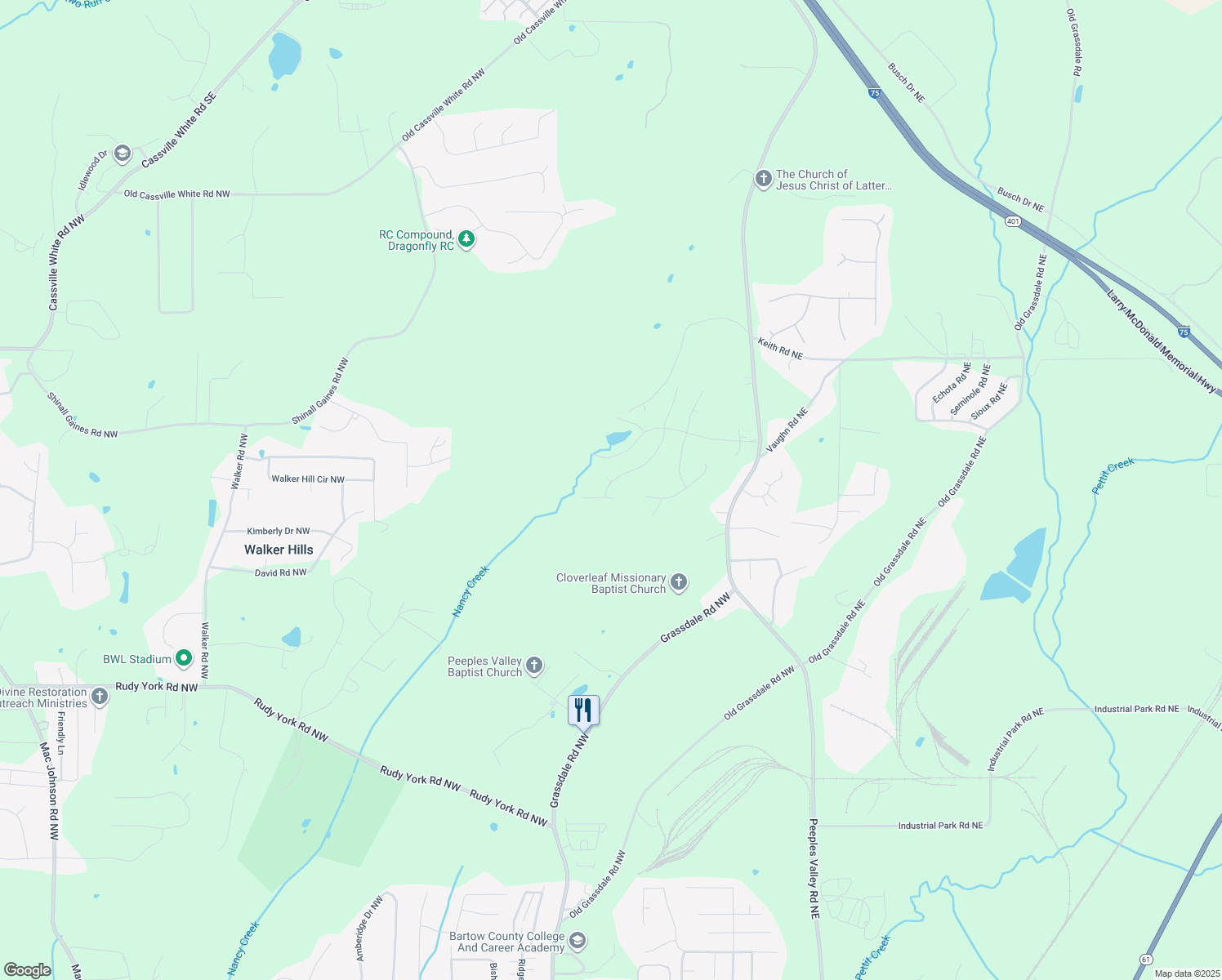 map of restaurants, bars, coffee shops, grocery stores, and more near 41 Parkside View in Cartersville