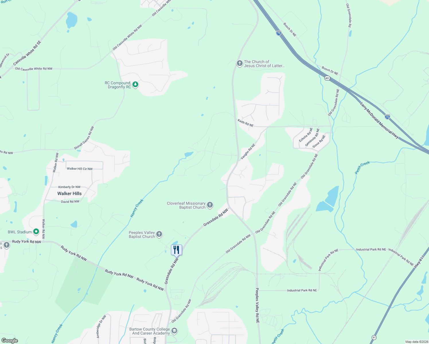 map of restaurants, bars, coffee shops, grocery stores, and more near 23 Ridgeline Way in Cartersville