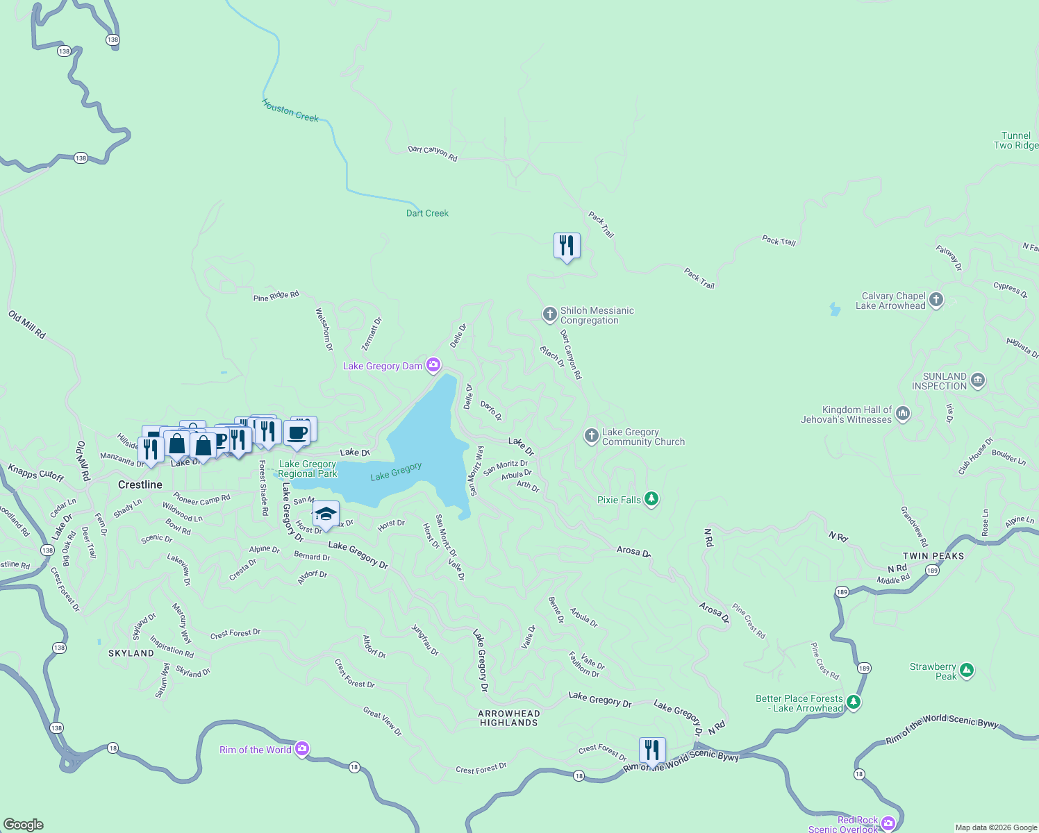 map of restaurants, bars, coffee shops, grocery stores, and more near 463 Delle Drive in Crestline
