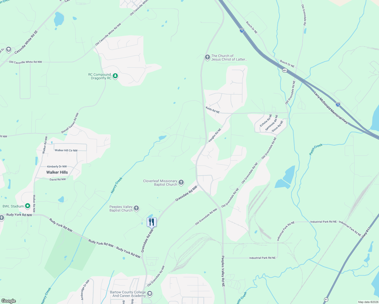 map of restaurants, bars, coffee shops, grocery stores, and more near 23 Ridgeline Way in Cartersville
