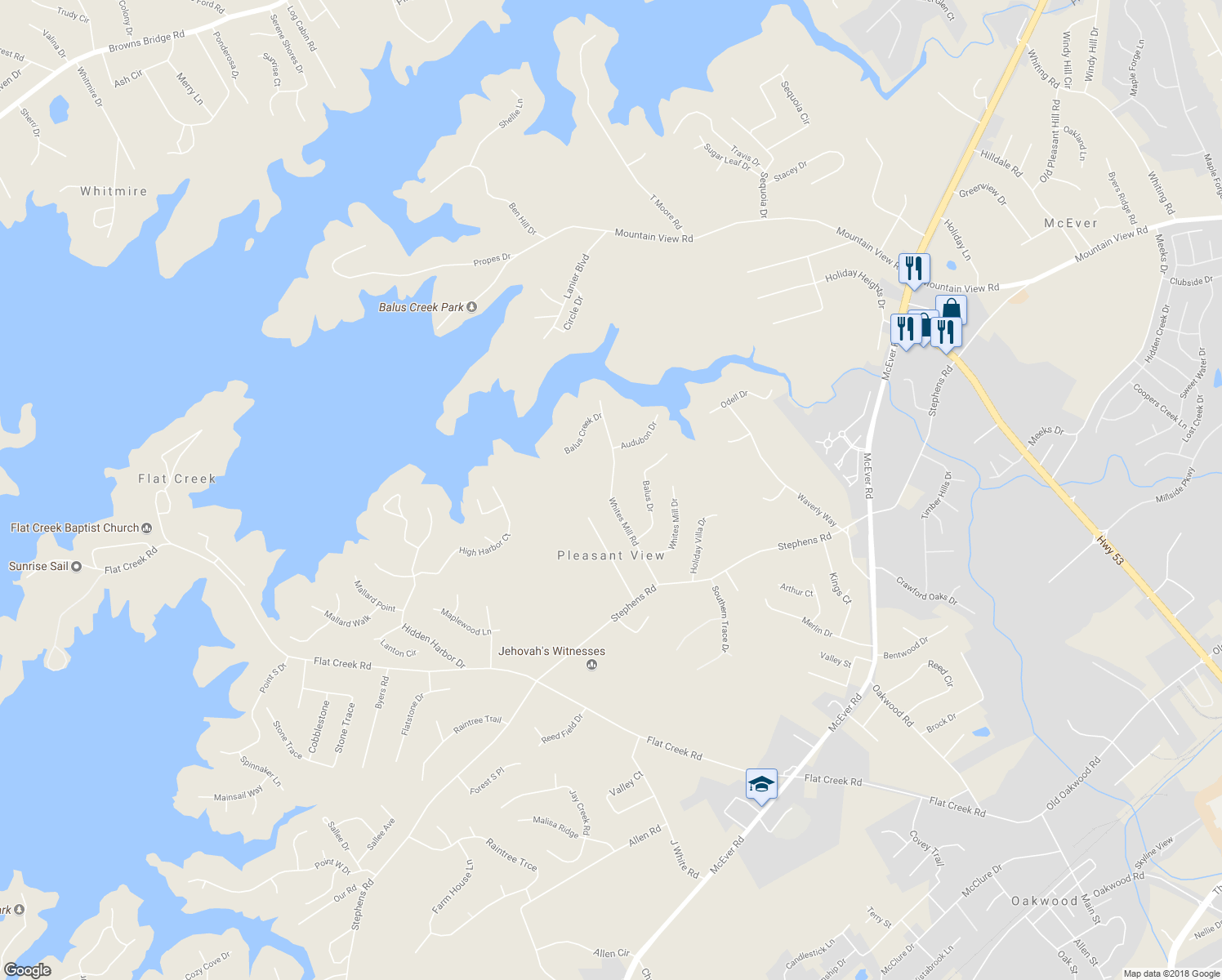 map of restaurants, bars, coffee shops, grocery stores, and more near 5068 Whites Mill Road in Gainesville