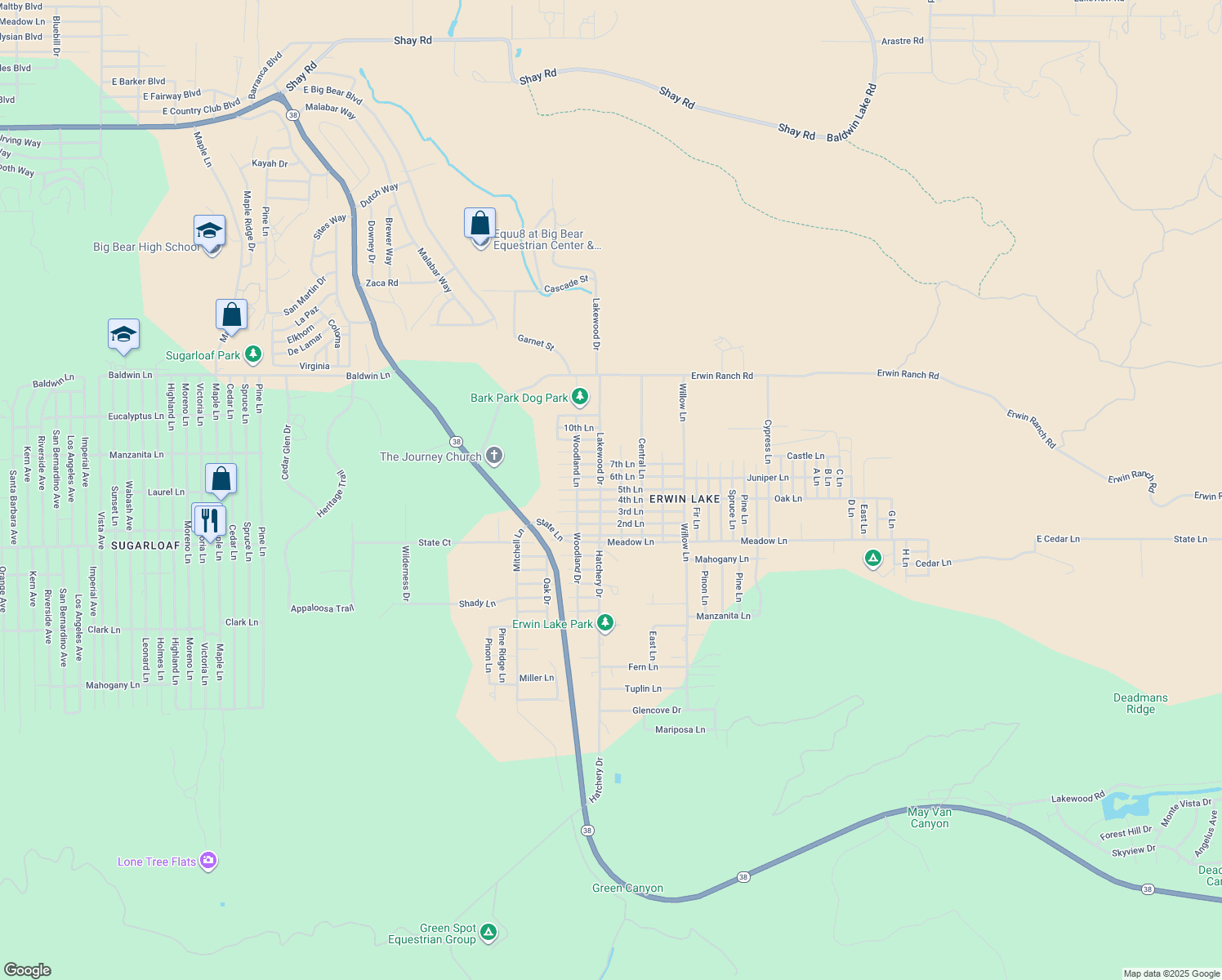 map of restaurants, bars, coffee shops, grocery stores, and more near 5th Lane in Big Bear