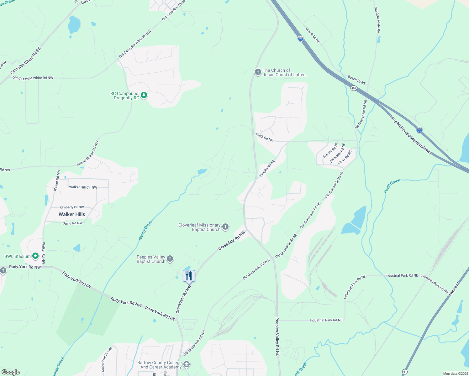 map of restaurants, bars, coffee shops, grocery stores, and more near 23 Ridgeline Way in Cartersville