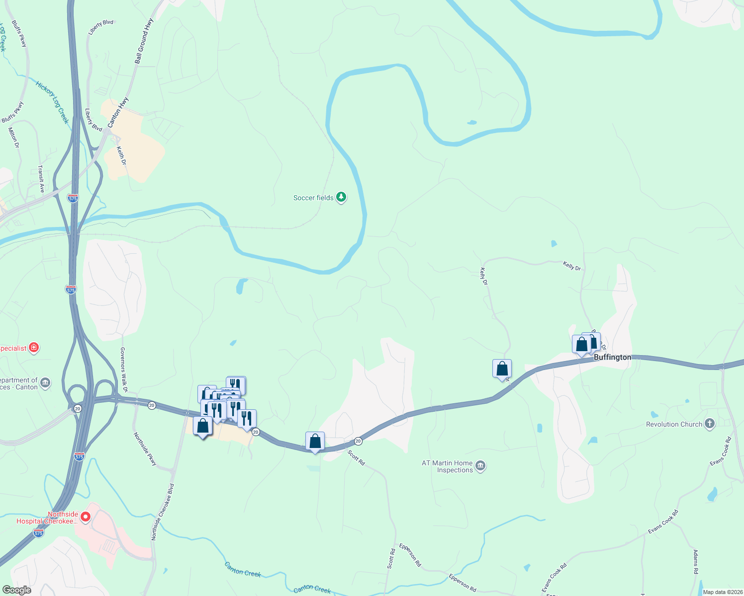 map of restaurants, bars, coffee shops, grocery stores, and more near 800 Waterford Estates Manor in Canton