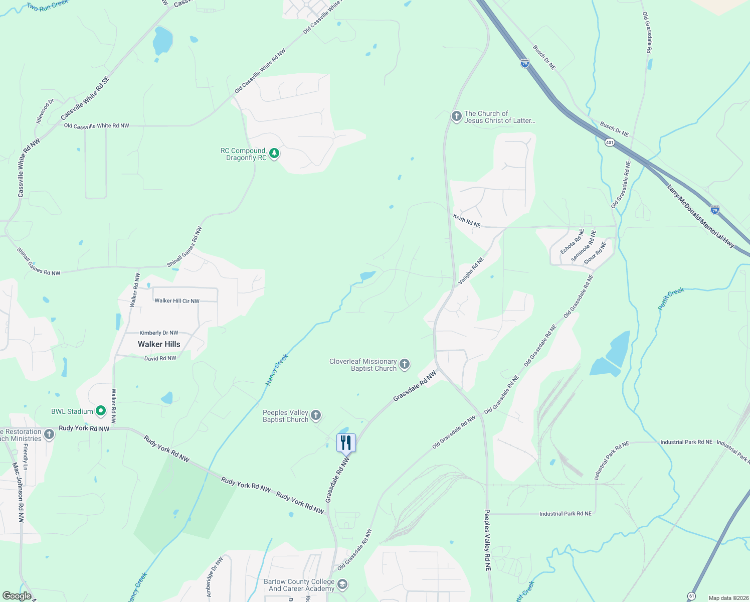 map of restaurants, bars, coffee shops, grocery stores, and more near 37 Ridgeline Way in Cartersville