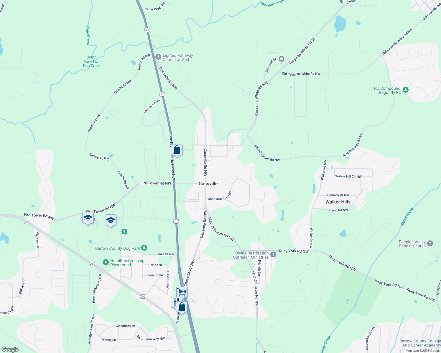 map of restaurants, bars, coffee shops, grocery stores, and more near 16 Sherman Lane Northwest in Cartersville