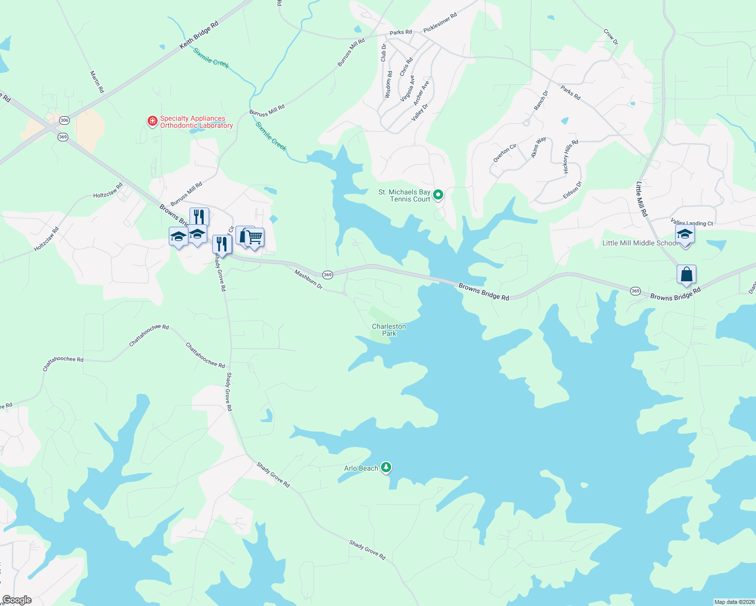 map of restaurants, bars, coffee shops, grocery stores, and more near 5770 Charleston Lane in Cumming
