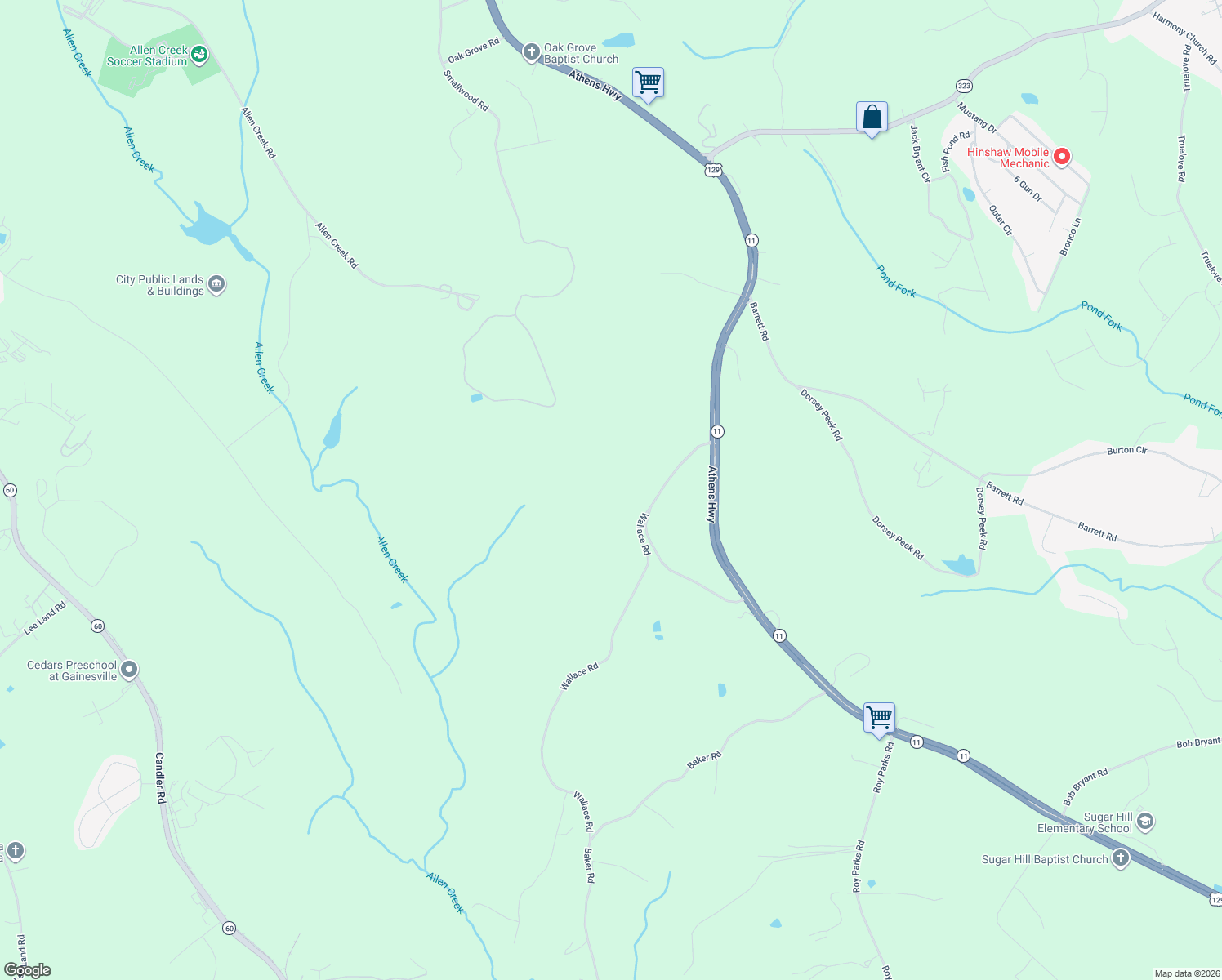 map of restaurants, bars, coffee shops, grocery stores, and more near 2874 Wallace Road in Gainesville